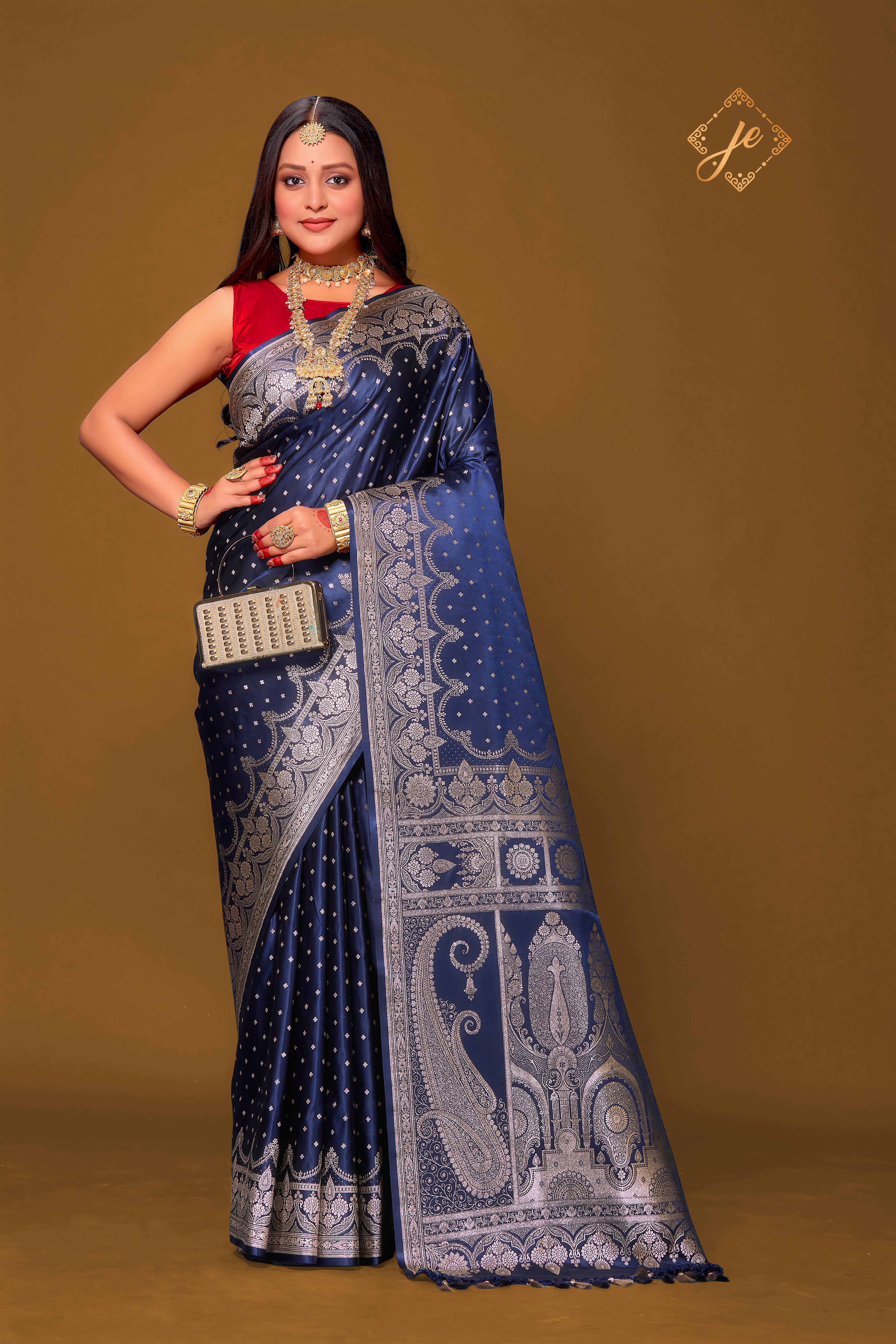 Navy Blue Satin Silk Buti Banarasi Saree