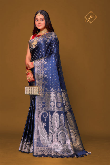 Navy Blue Satin Silk Buti Banarasi Saree