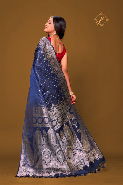 Navy Blue Satin Silk Buti Banarasi Saree