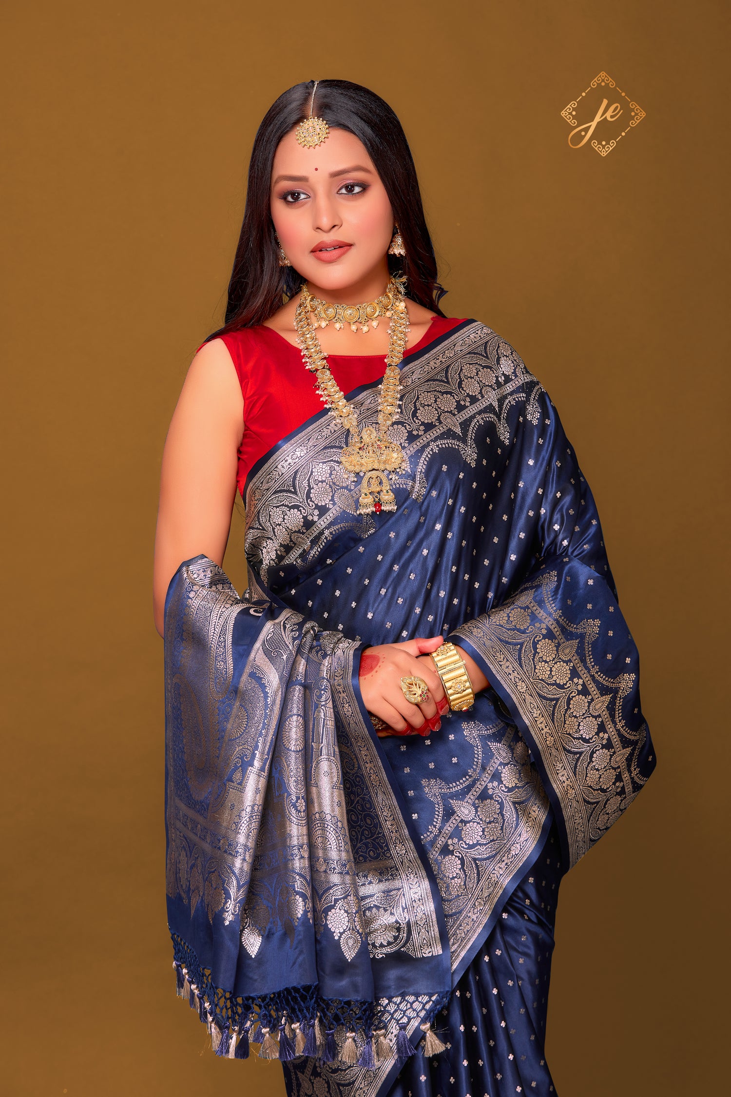 Navy Blue Satin Silk Buti Banarasi Saree