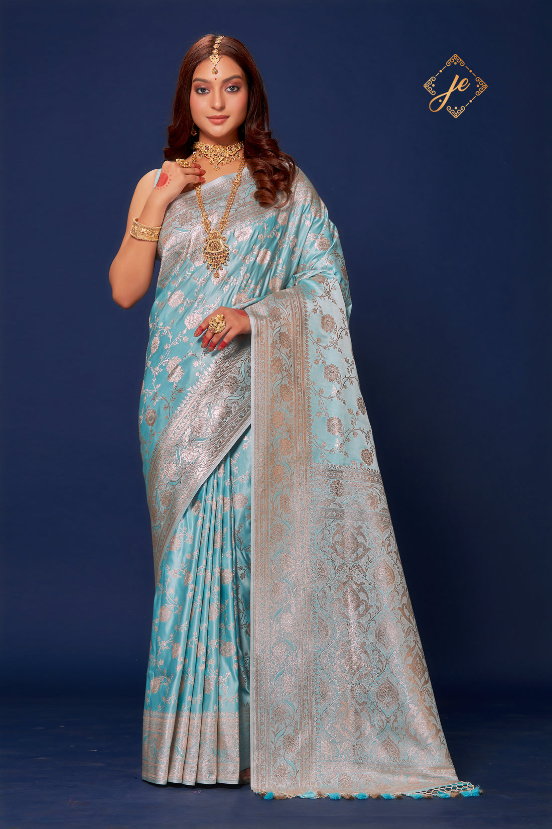 Pastel Blue Satin Silk Jaal Banarasi Saree