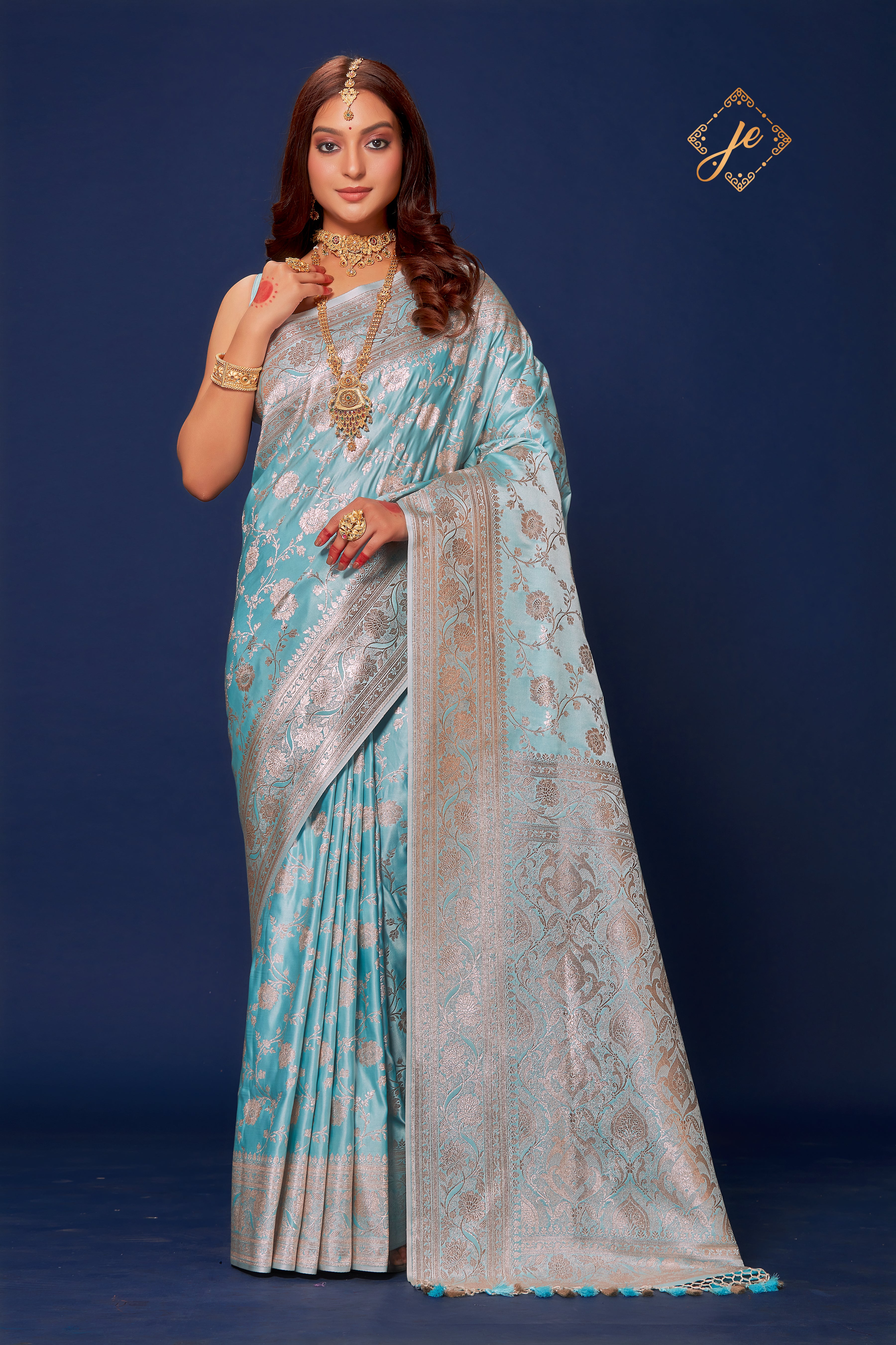 Pastel Blue Satin Silk Jaal Banarasi Saree