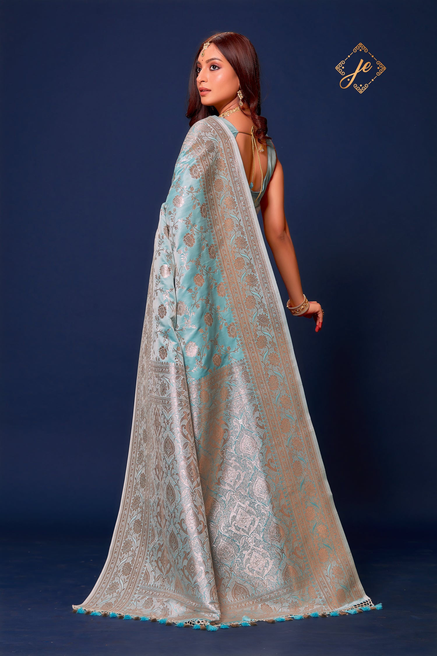 Pastel Blue Satin Silk Jaal Banarasi Saree