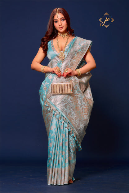 Pastel Blue Satin Silk Jaal Banarasi Saree