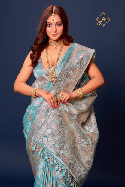 Pastel Blue Satin Silk Jaal Banarasi Saree