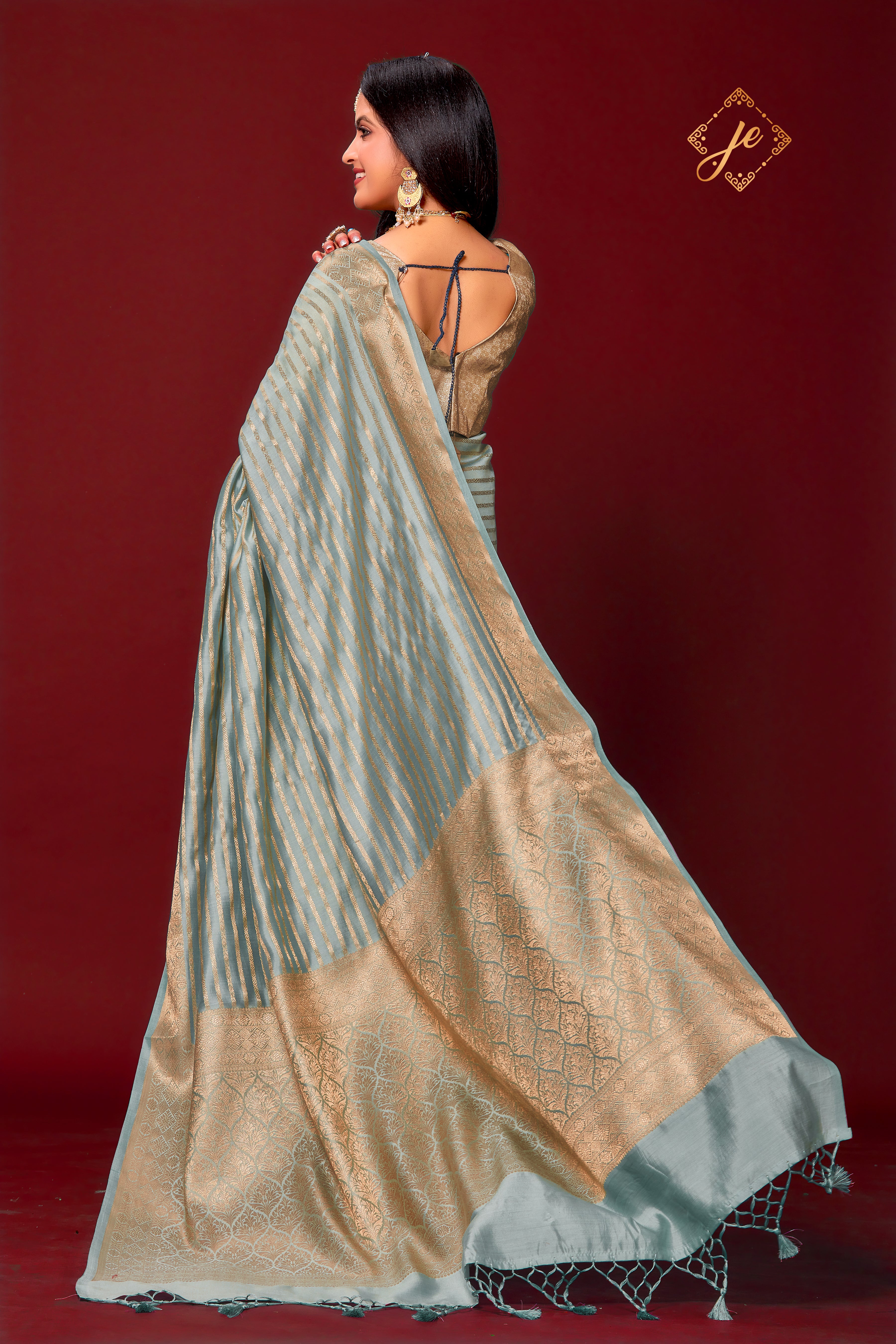 Ice Blue Striped Pure Silk Banarasi Saree