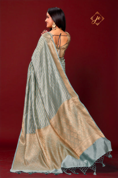 Ice Blue Striped Pure Silk Banarasi Saree