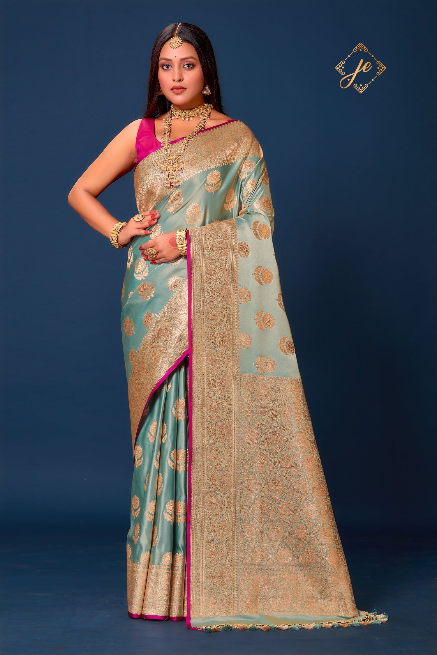 Ice Blue Satin Silk Floral Buta Banarasi Saree