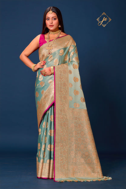 Ice Blue Satin Silk Floral Buta Banarasi Saree