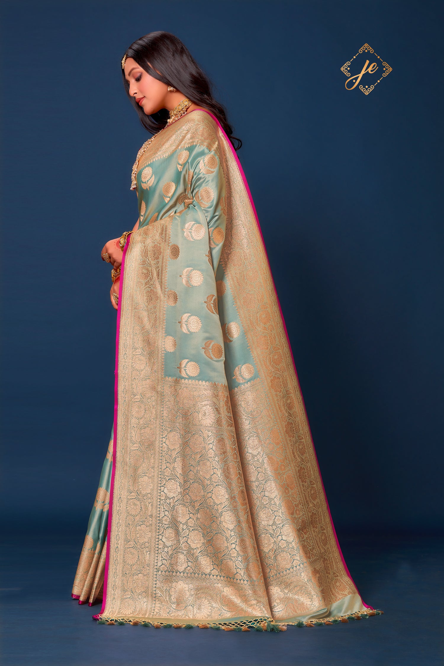 Ice Blue Satin Silk Floral Buta Banarasi Saree