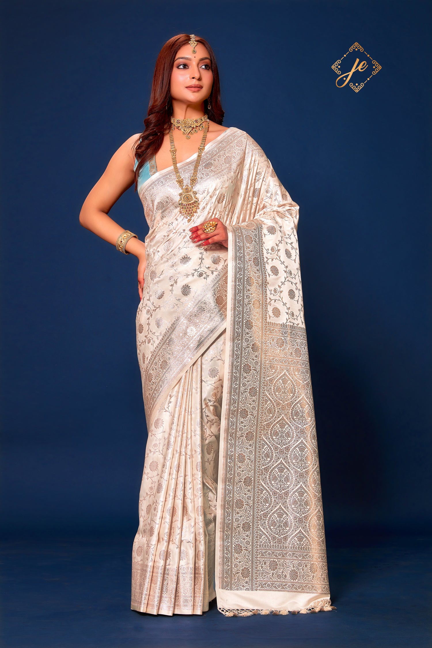 White Satin Silk Jaal Banarasi Saree