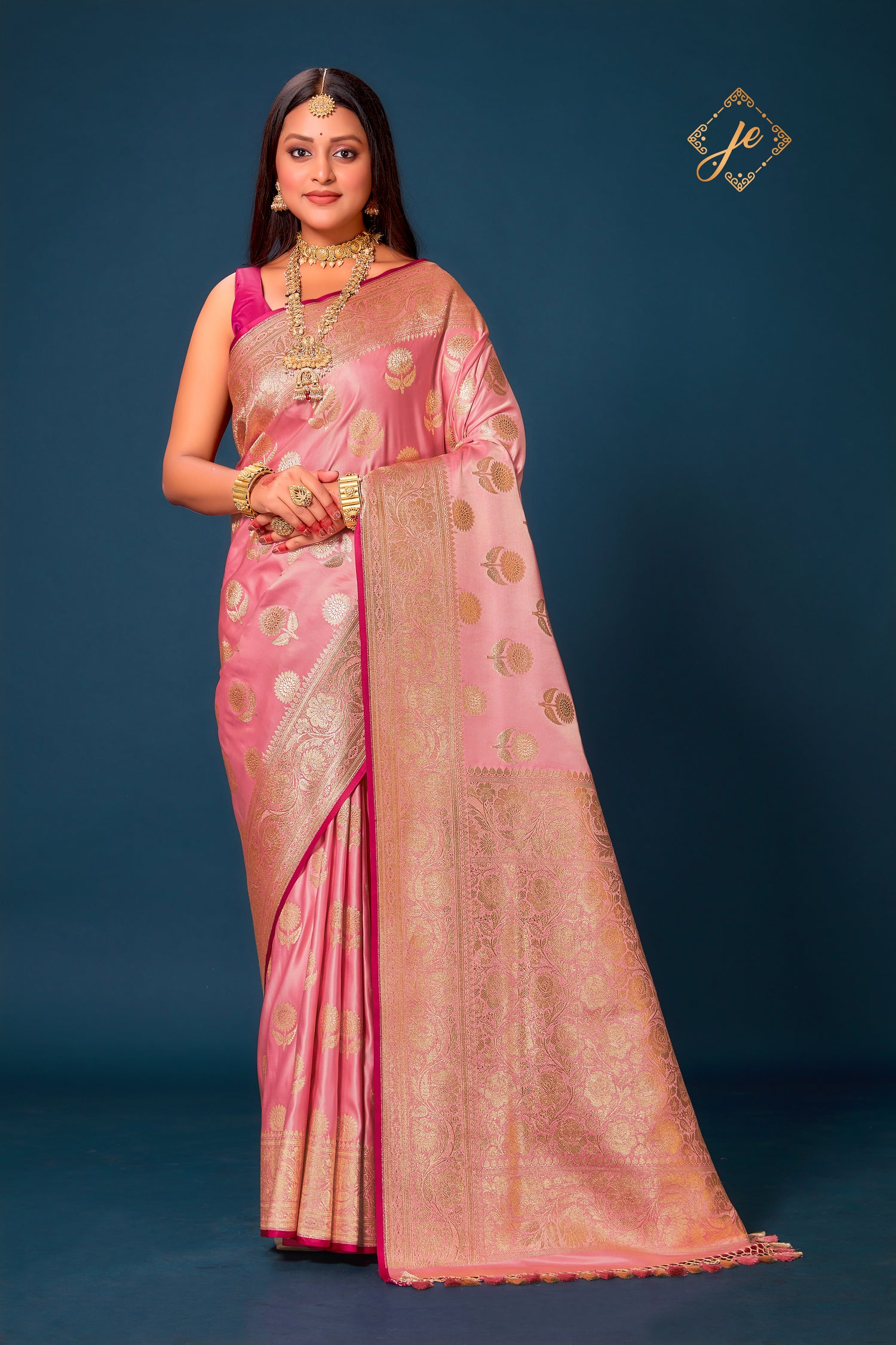 Pastel Pink Satin Silk Floral Buta Banarasi Saree