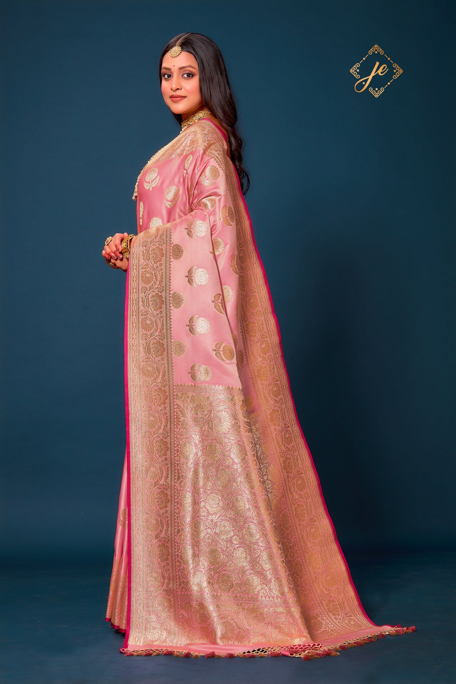 Pastel Pink Satin Silk Floral Buta Banarasi Saree