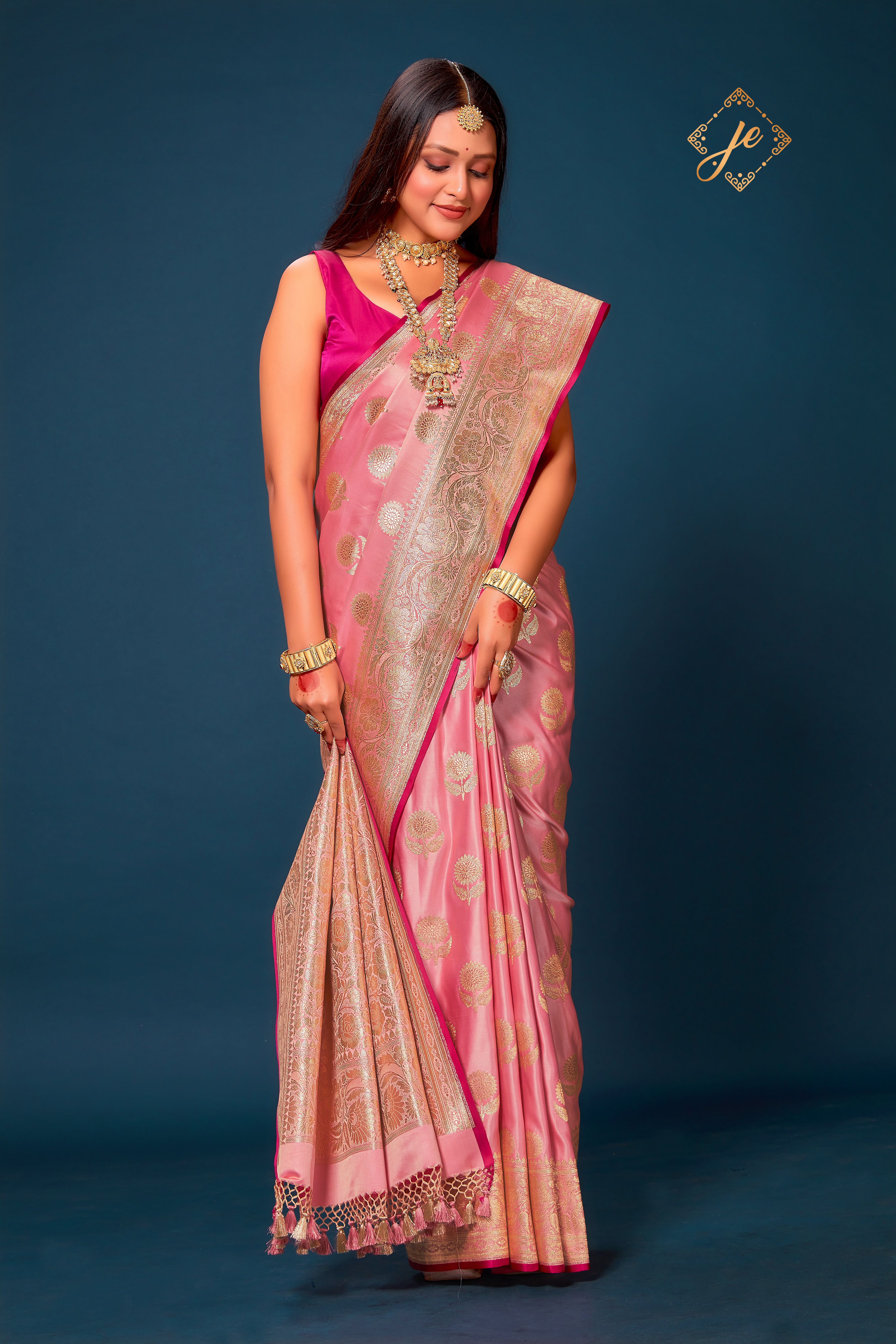 Pastel Pink Satin Silk Floral Buta Banarasi Saree