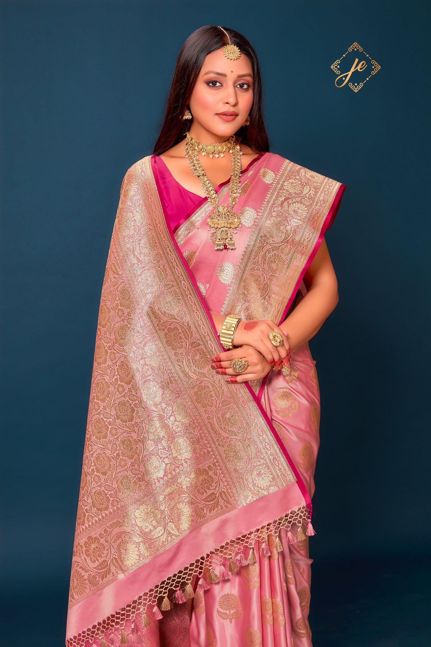 Pastel Pink Satin Silk Floral Buta Banarasi Saree