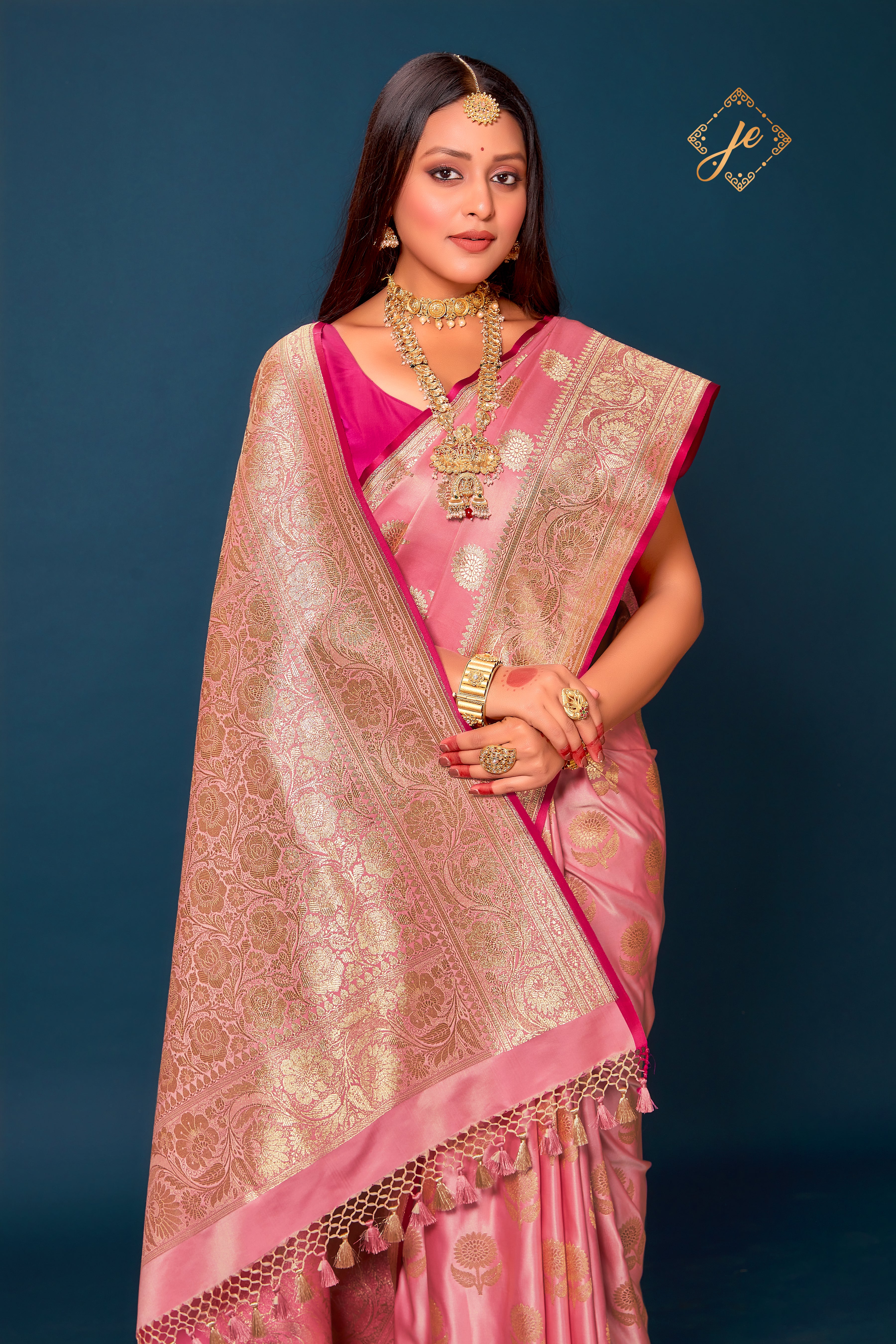 Pastel Pink Satin Silk Floral Buta Banarasi Saree