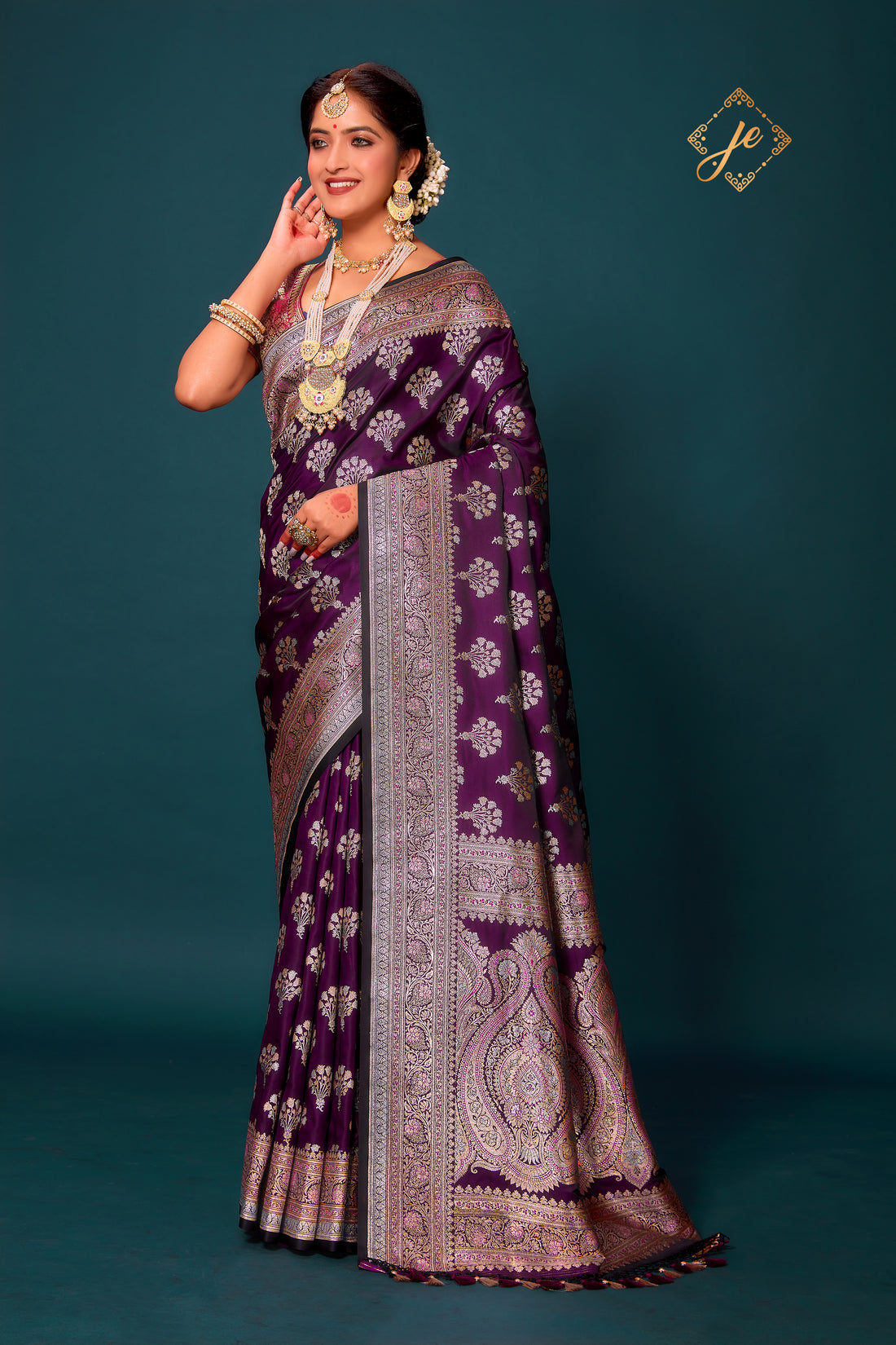 Wine Satin Silk Silver Meenakari Banarasi Saree