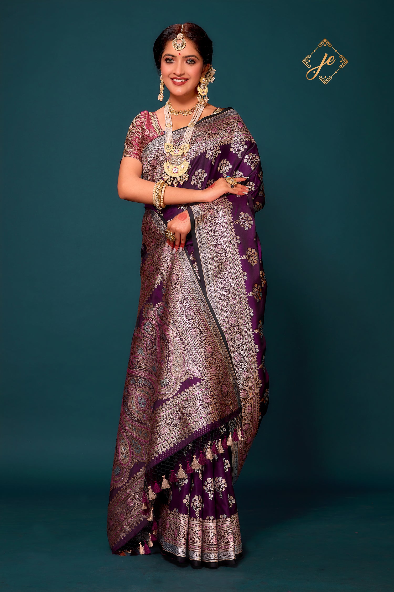 Wine Satin Silk Silver Meenakari Banarasi Saree