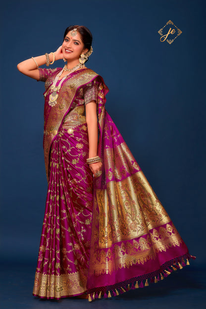 Magenta Satin Silk Meena Jaal Banarasi Saree