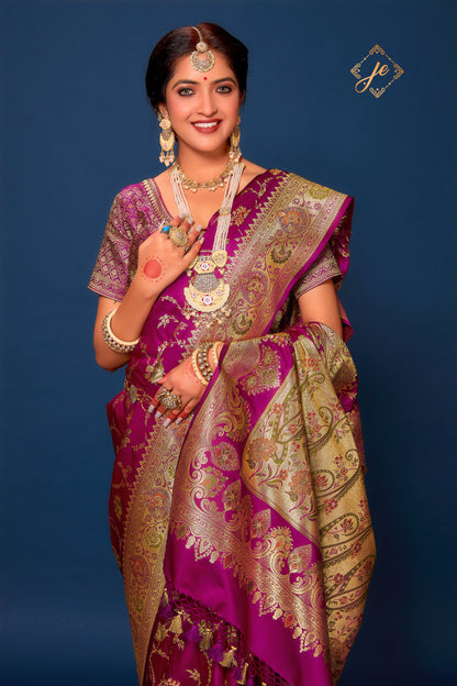 Magenta Satin Silk Meena Jaal Banarasi Saree