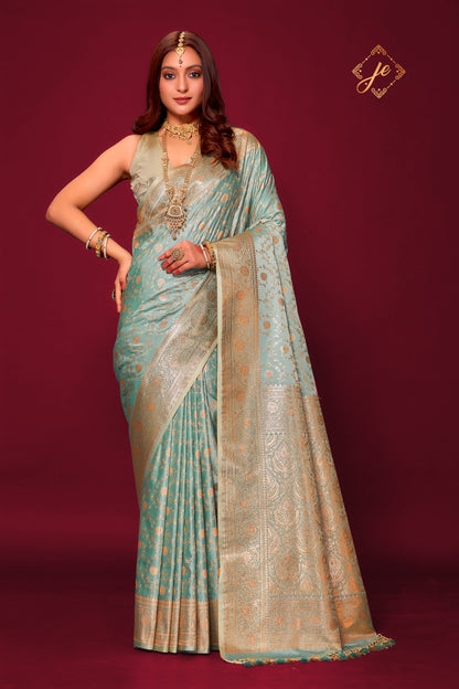 Pastel Blue Satin Silk Jaal Banarasi Saree