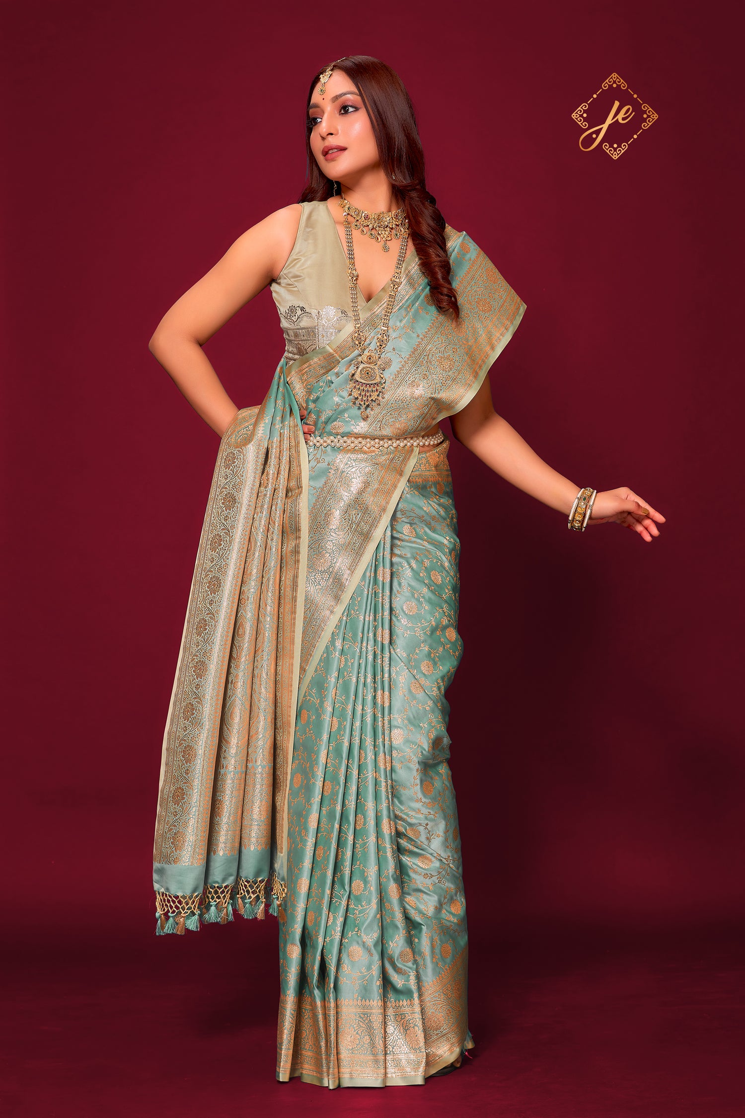 Pastel Blue Satin Silk Jaal Banarasi Saree