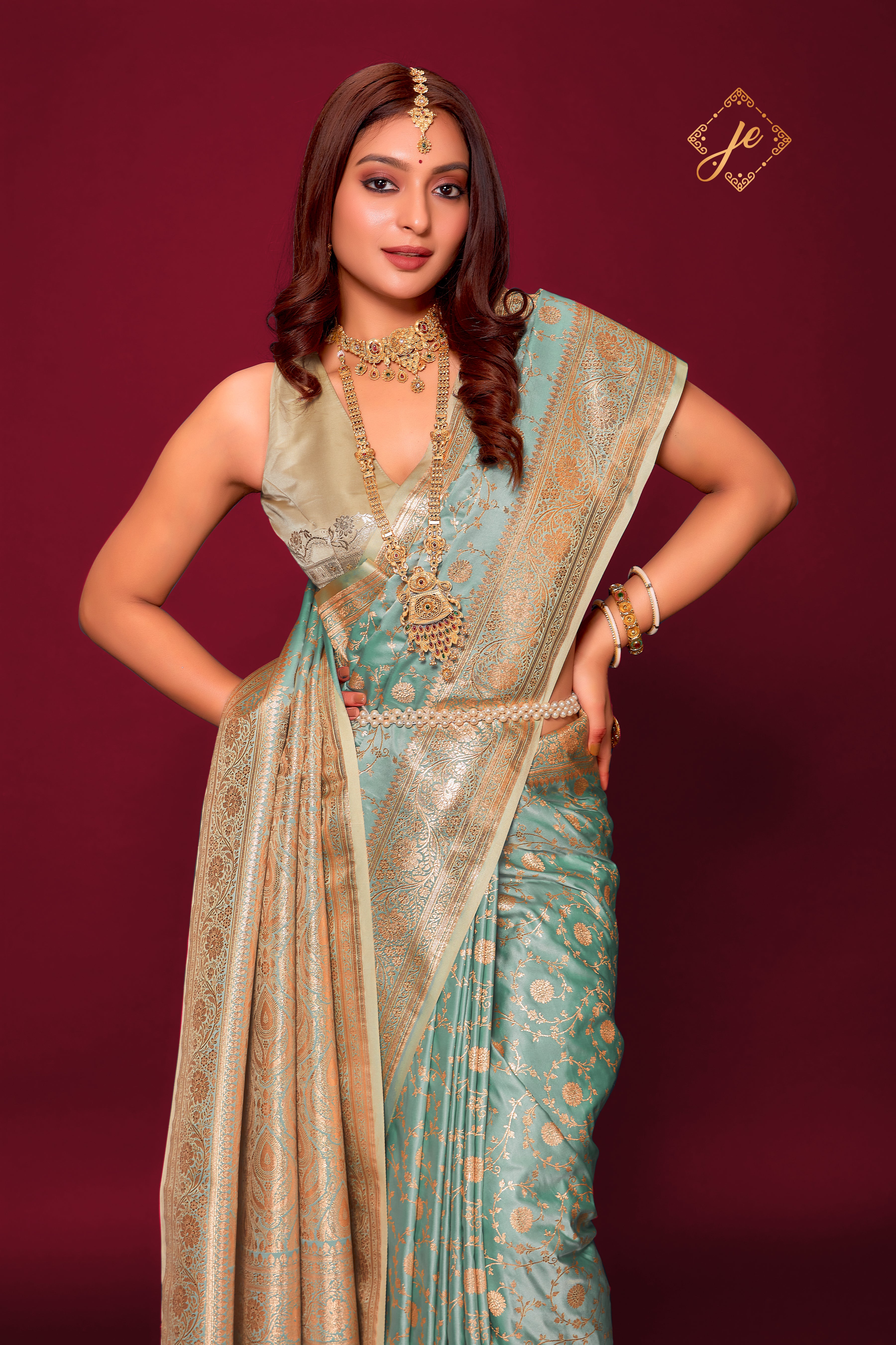 Pastel Blue Satin Silk Jaal Banarasi Saree