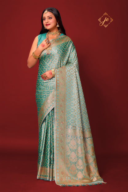 Ice Blue Satin Silk Jaal Banarasi Saree