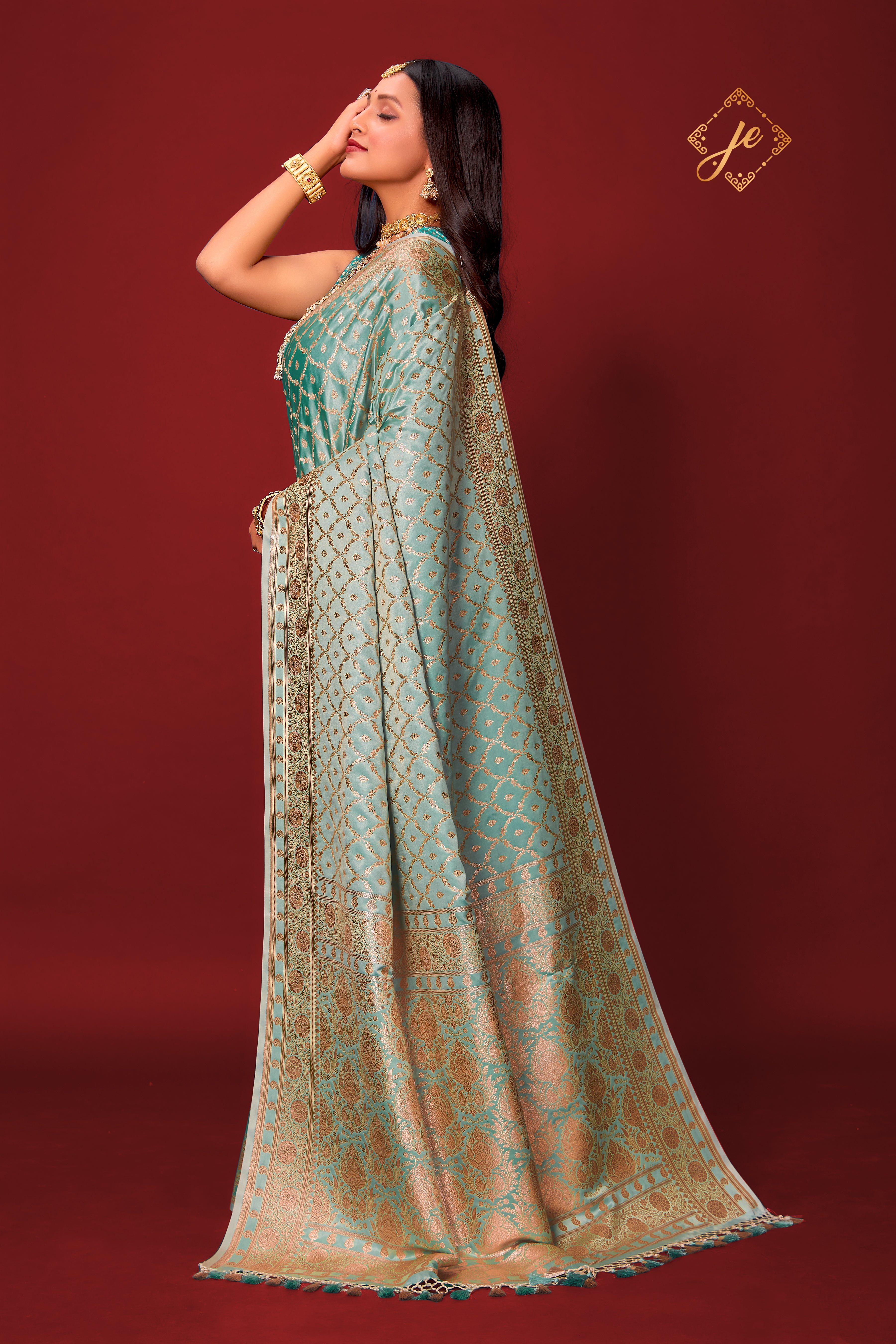 Ice Blue Satin Silk Jaal Banarasi Saree