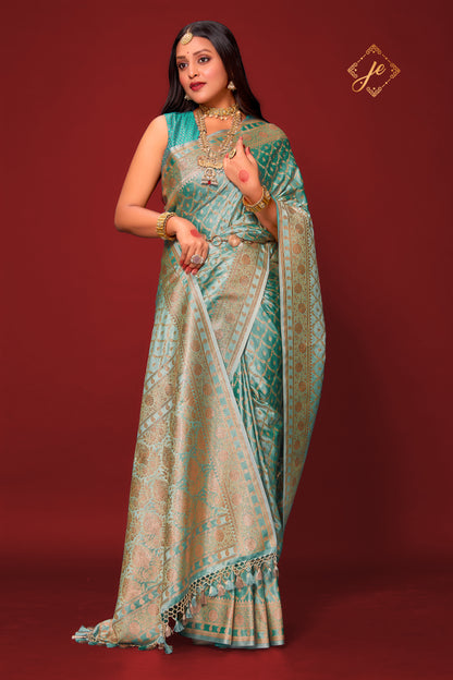 Ice Blue Satin Silk Jaal Banarasi Saree