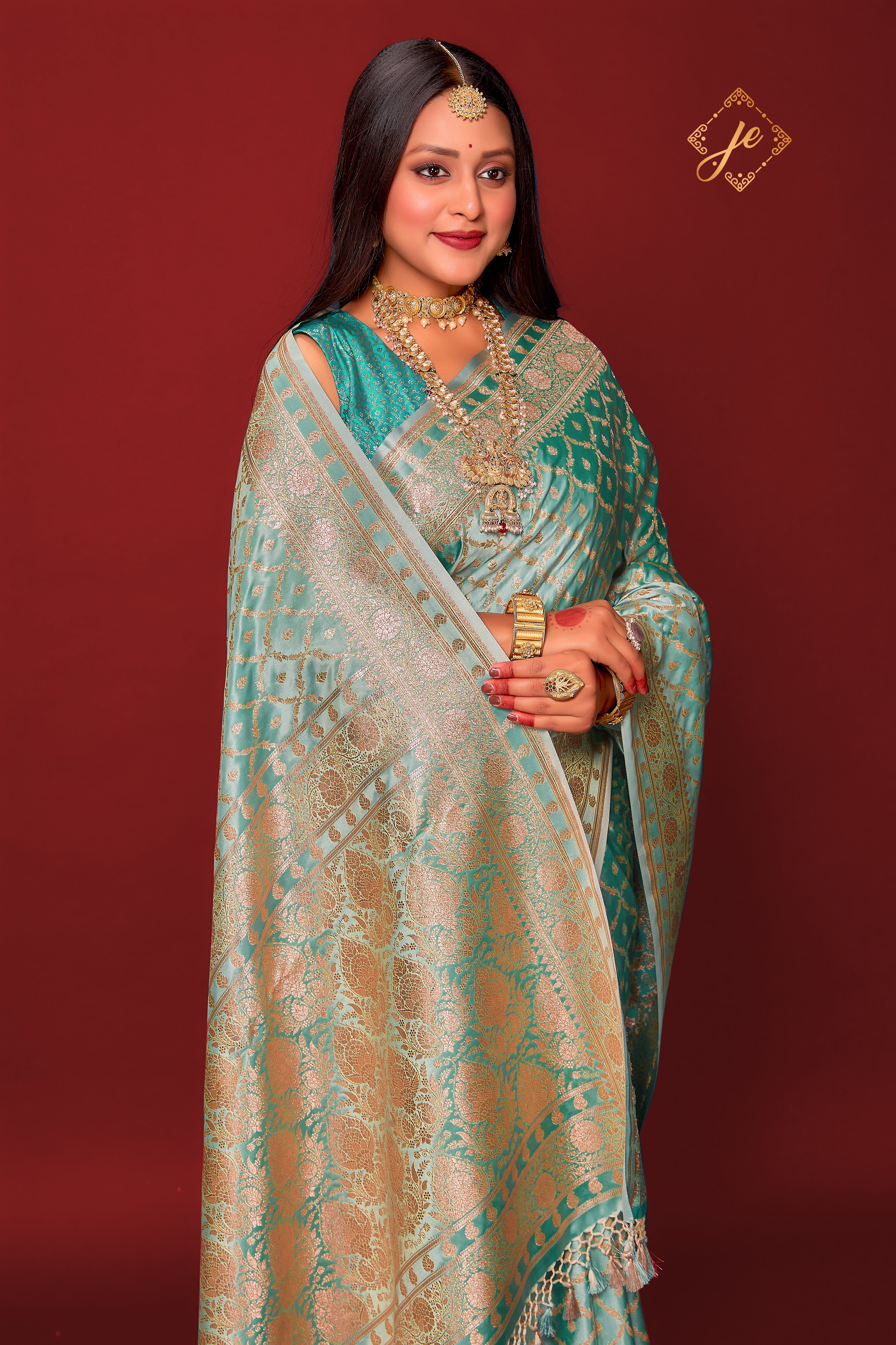 Ice Blue Satin Silk Jaal Banarasi Saree