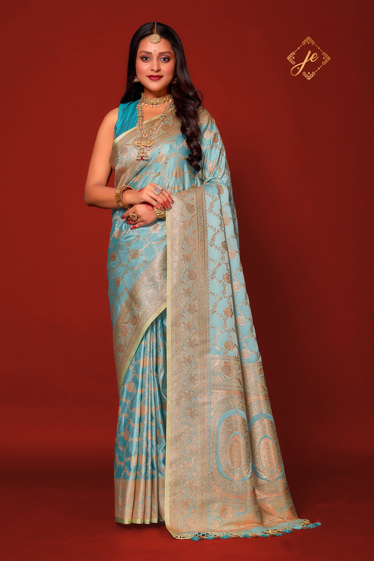 Pastel Blue Satin Silk Jaal Banarasi Saree