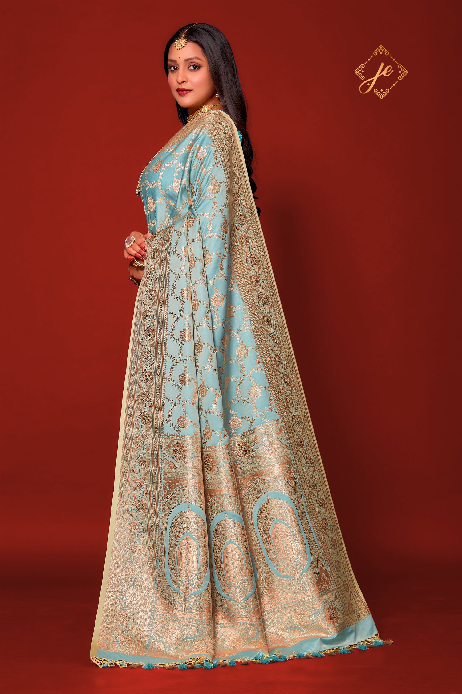 Pastel Blue Satin Silk Jaal Banarasi Saree