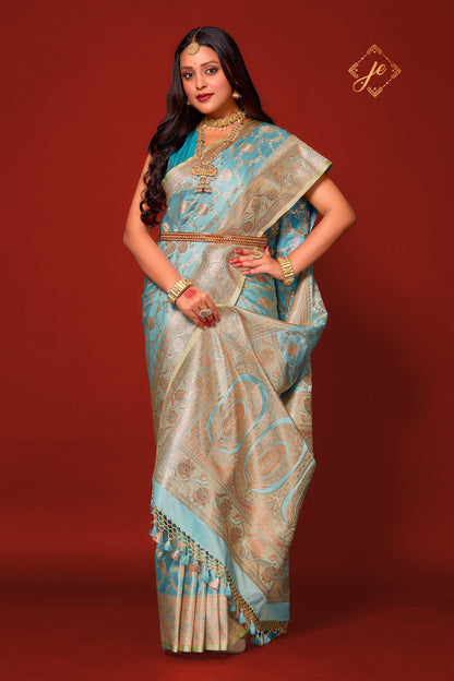 Pastel Blue Satin Silk Jaal Banarasi Saree