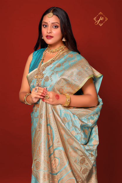 Pastel Blue Satin Silk Jaal Banarasi Saree