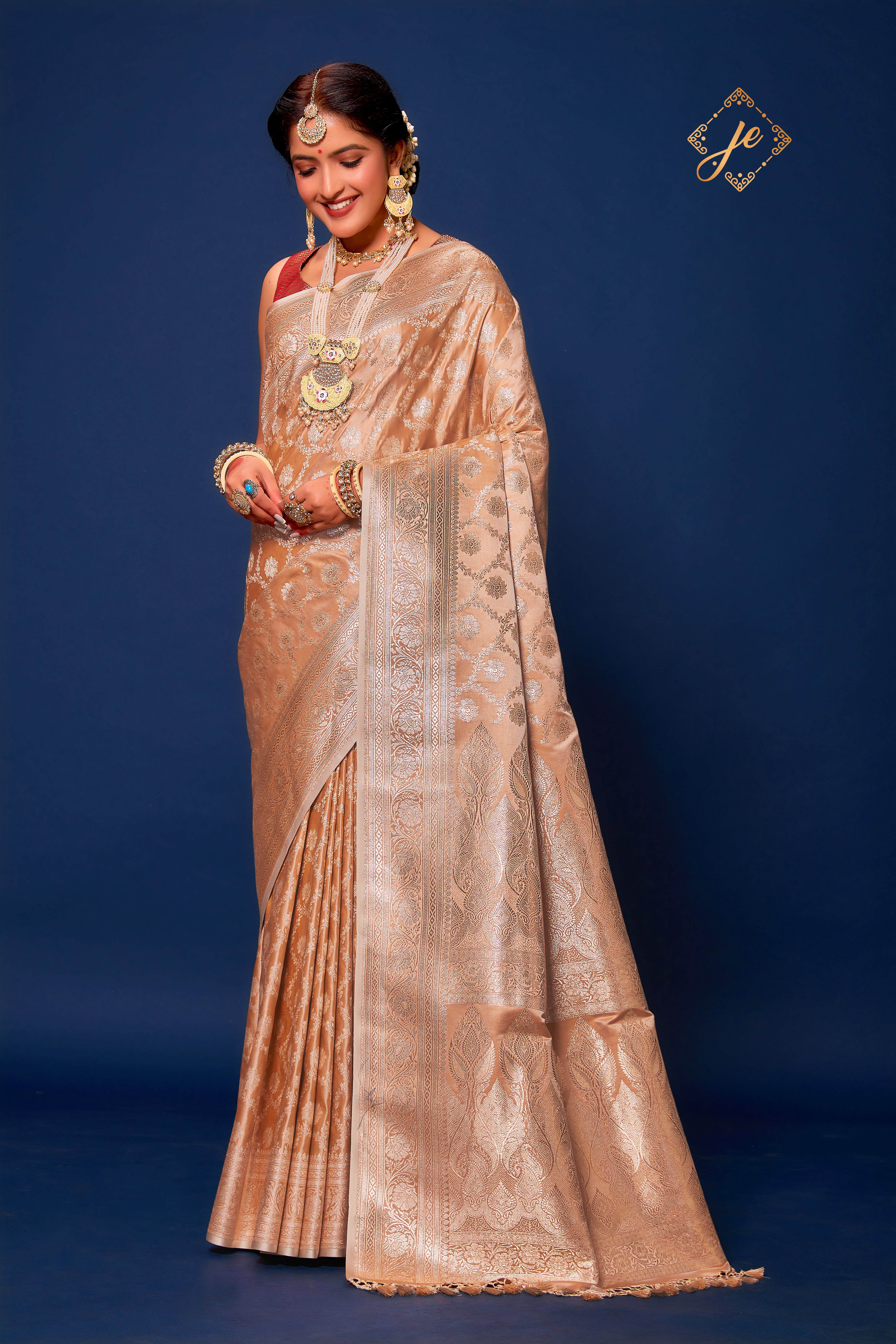 Beige Satin Silk Jaal Banarasi Saree