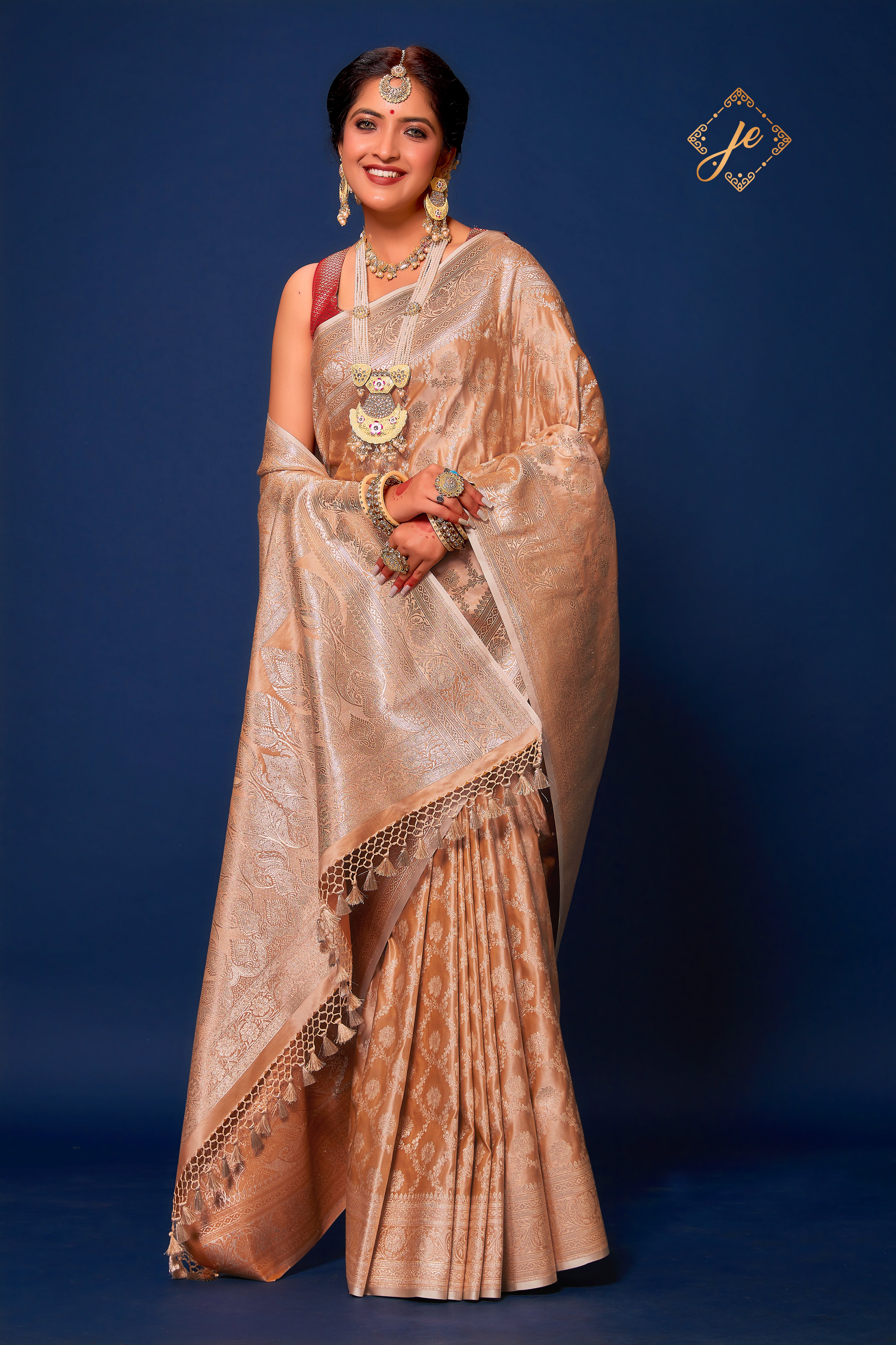 Beige Satin Silk Jaal Banarasi Saree