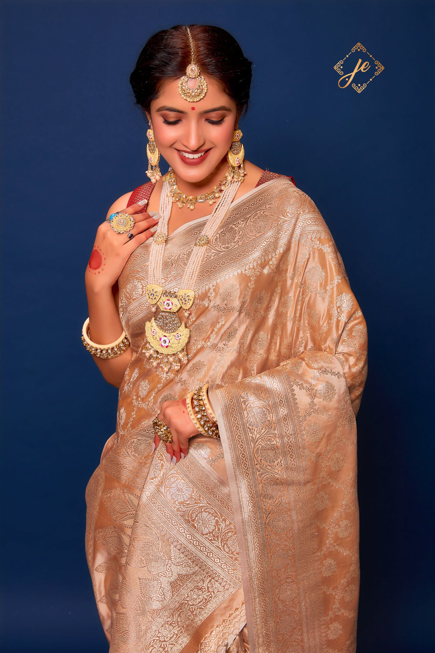 Beige Satin Silk Jaal Banarasi Saree