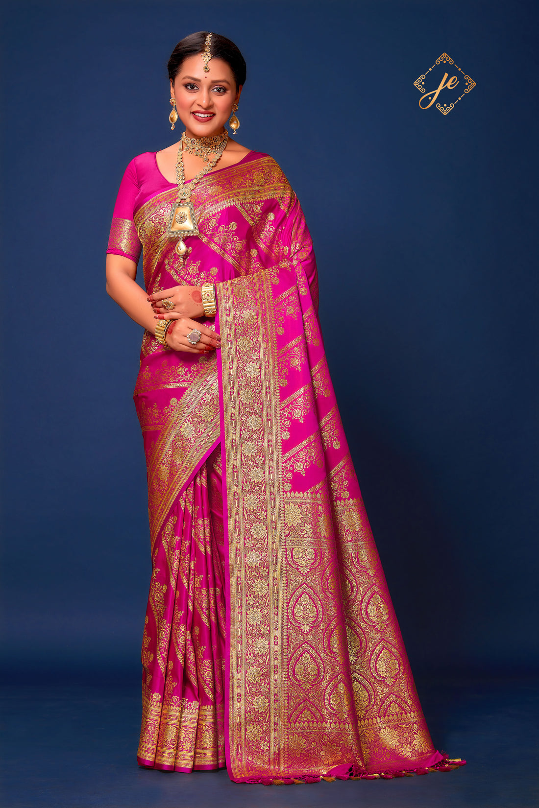 Rani Pink Striped Leheriya Satin Silk Banarasi Saree