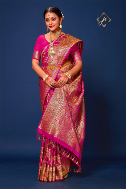 Rani Pink Striped Leheriya Satin Silk Banarasi Saree