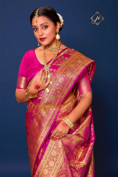 Rani Pink Striped Leheriya Satin Silk Banarasi Saree