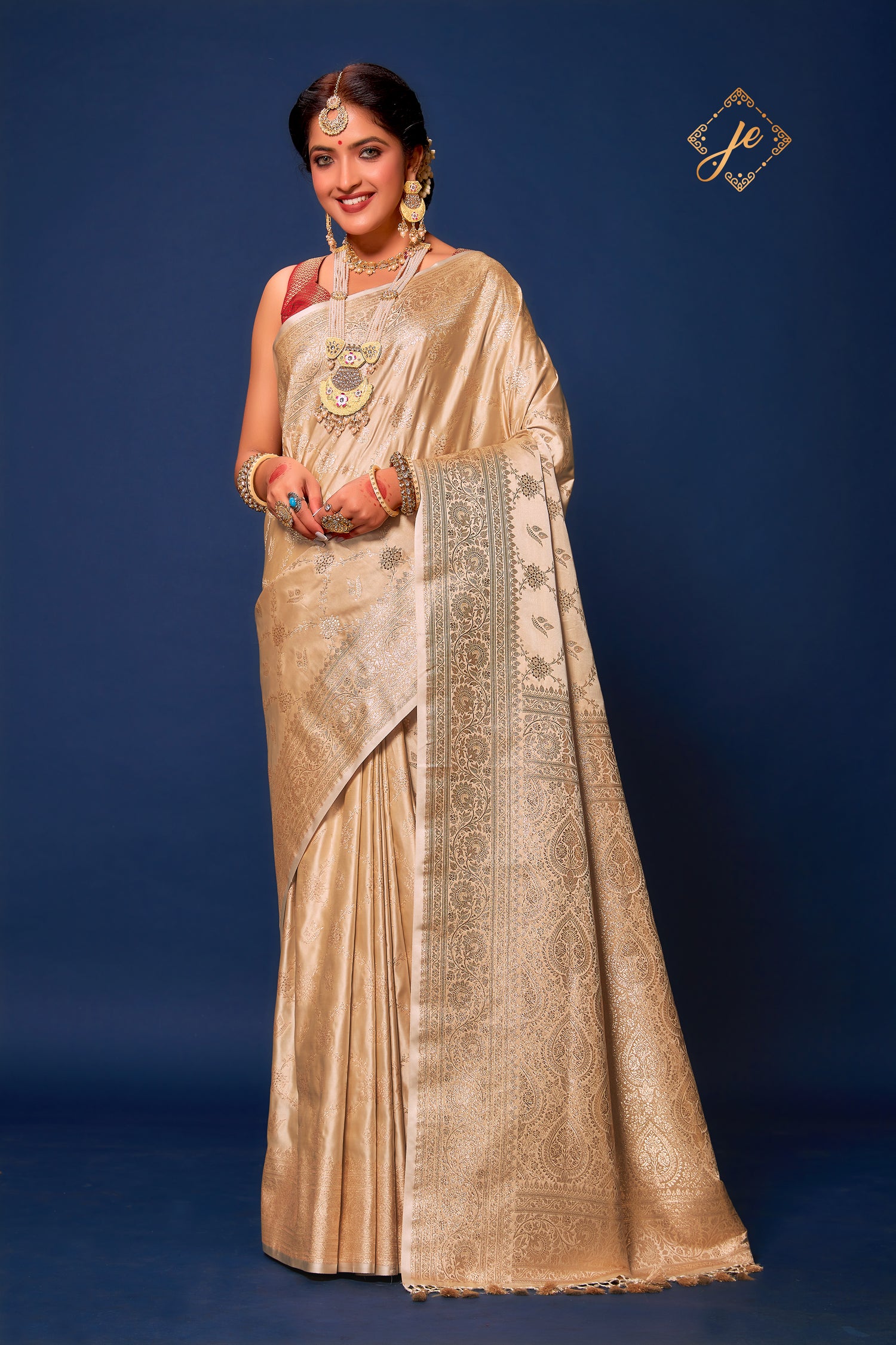 Beige Satin Silk Jaal Banarasi Saree