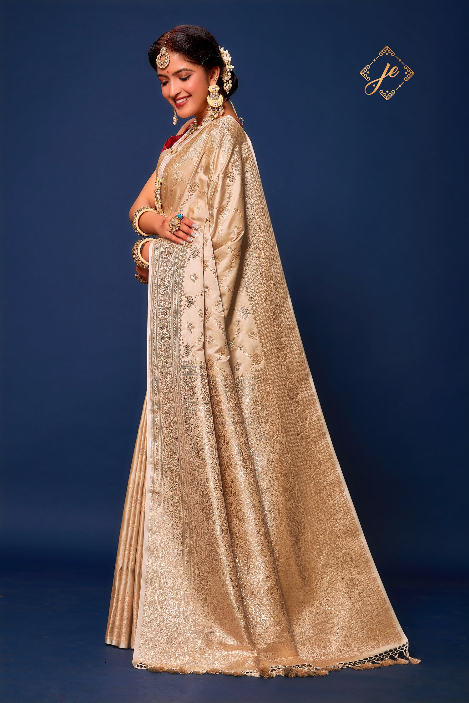 Beige Satin Silk Jaal Banarasi Saree