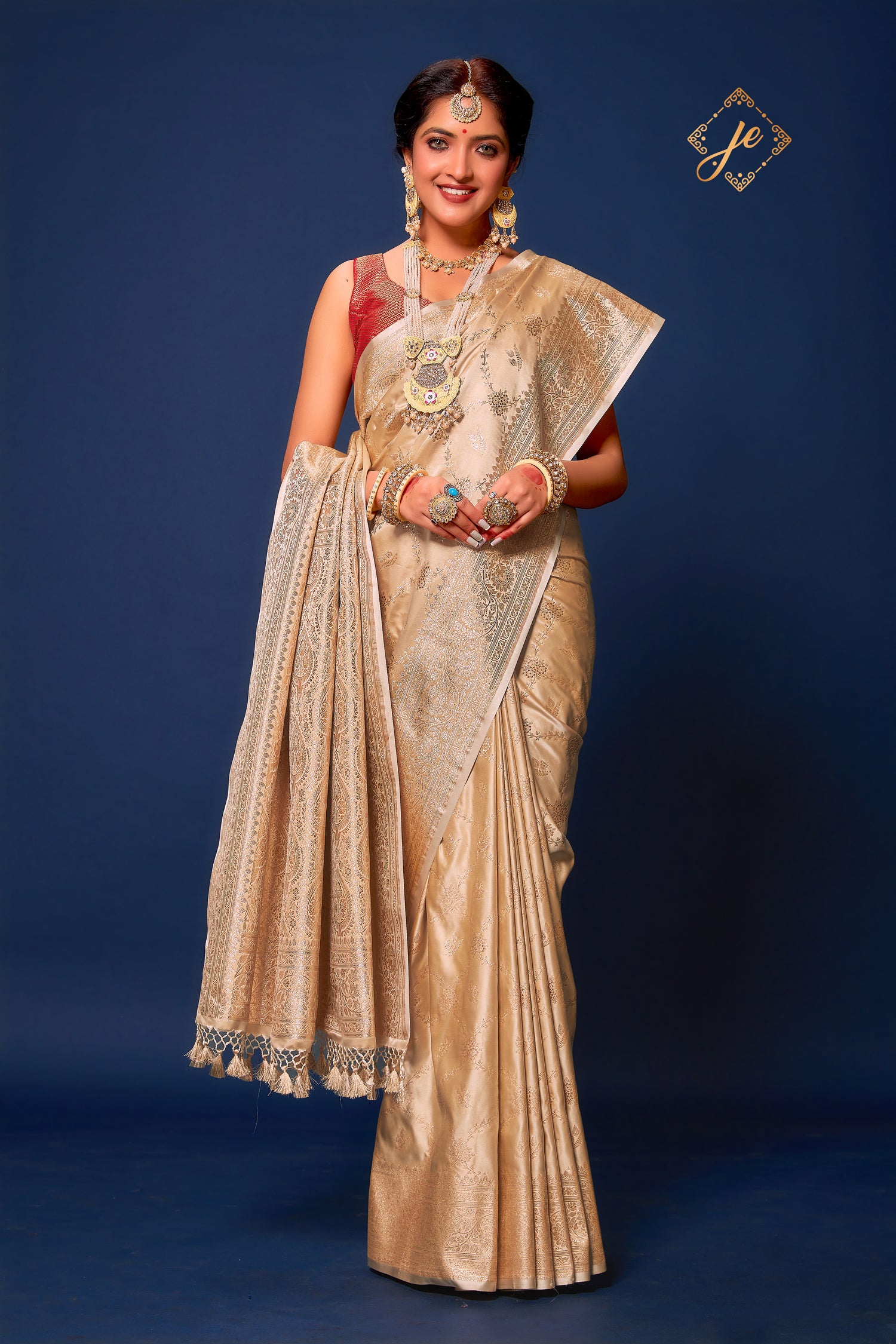 Beige Satin Silk Jaal Banarasi Saree