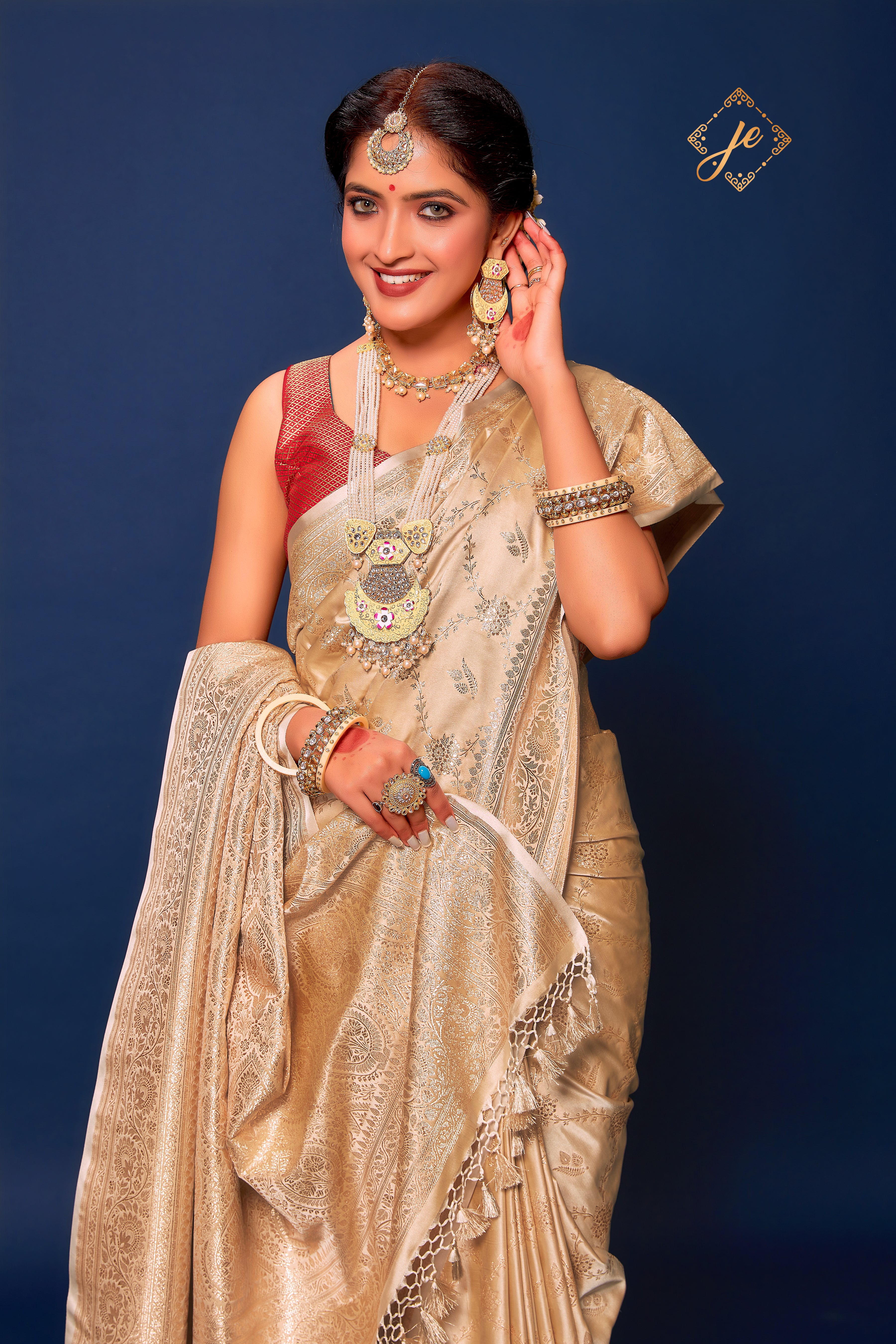 Beige Satin Silk Jaal Banarasi Saree