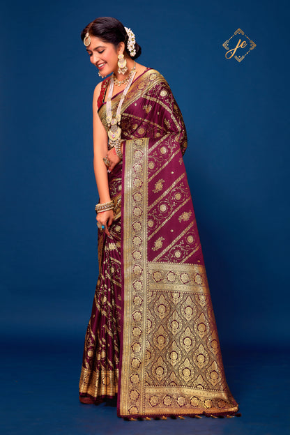 Garnet Leheriya Satin Silk Banarasi Saree