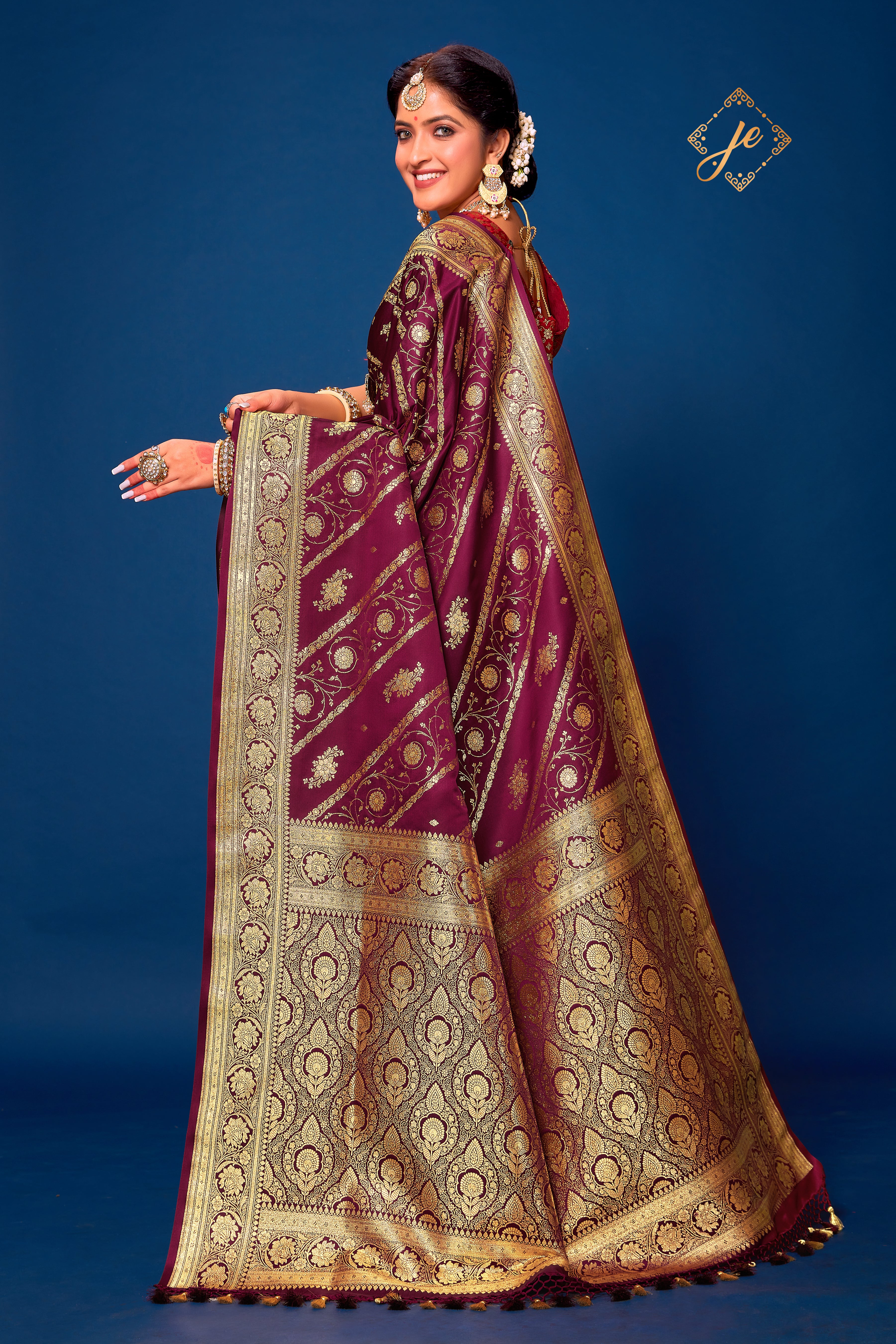 Garnet Leheriya Satin Silk Banarasi Saree