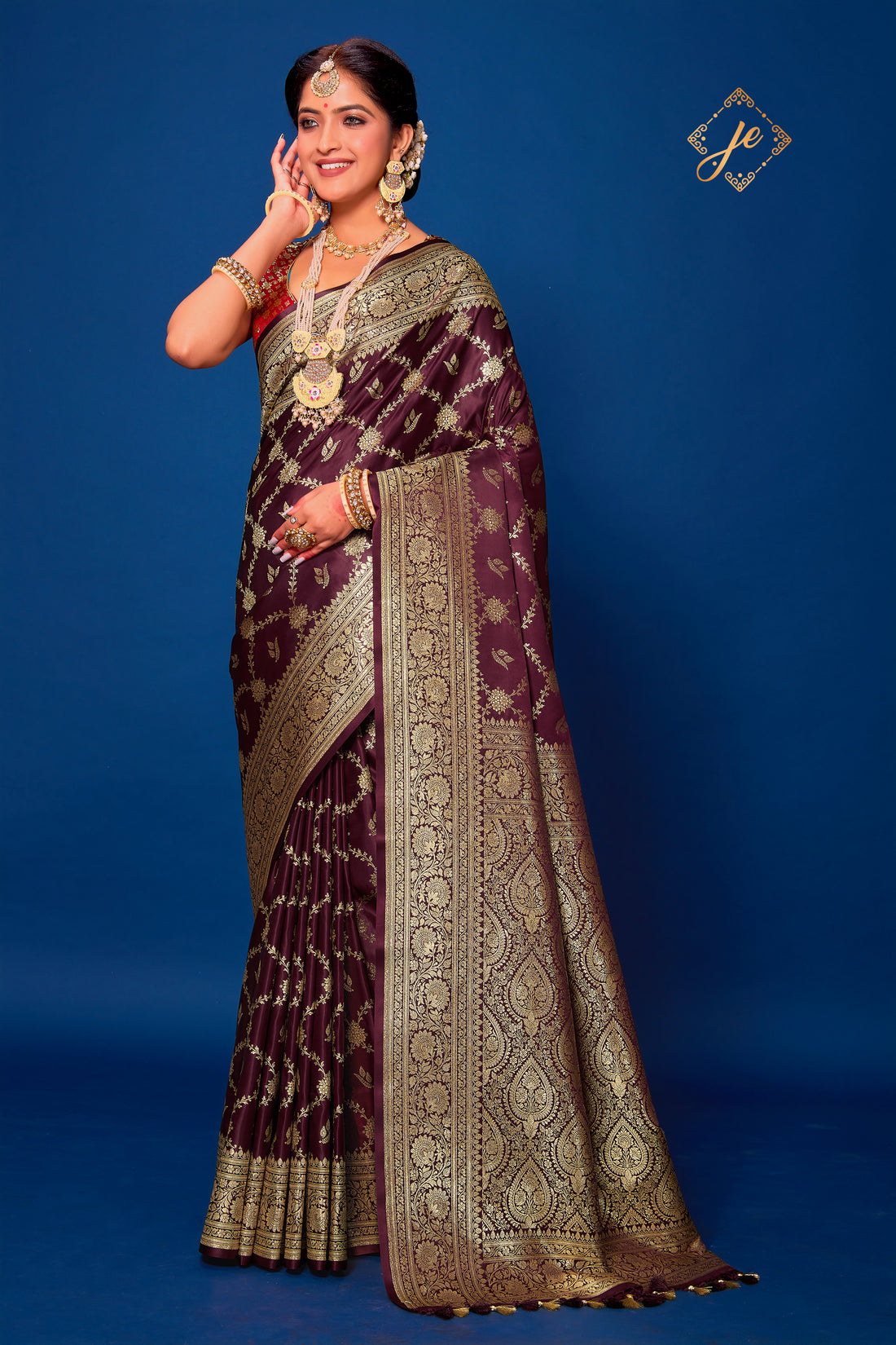 Garnet Wine Satin Silk Jaal Banarasi Saree