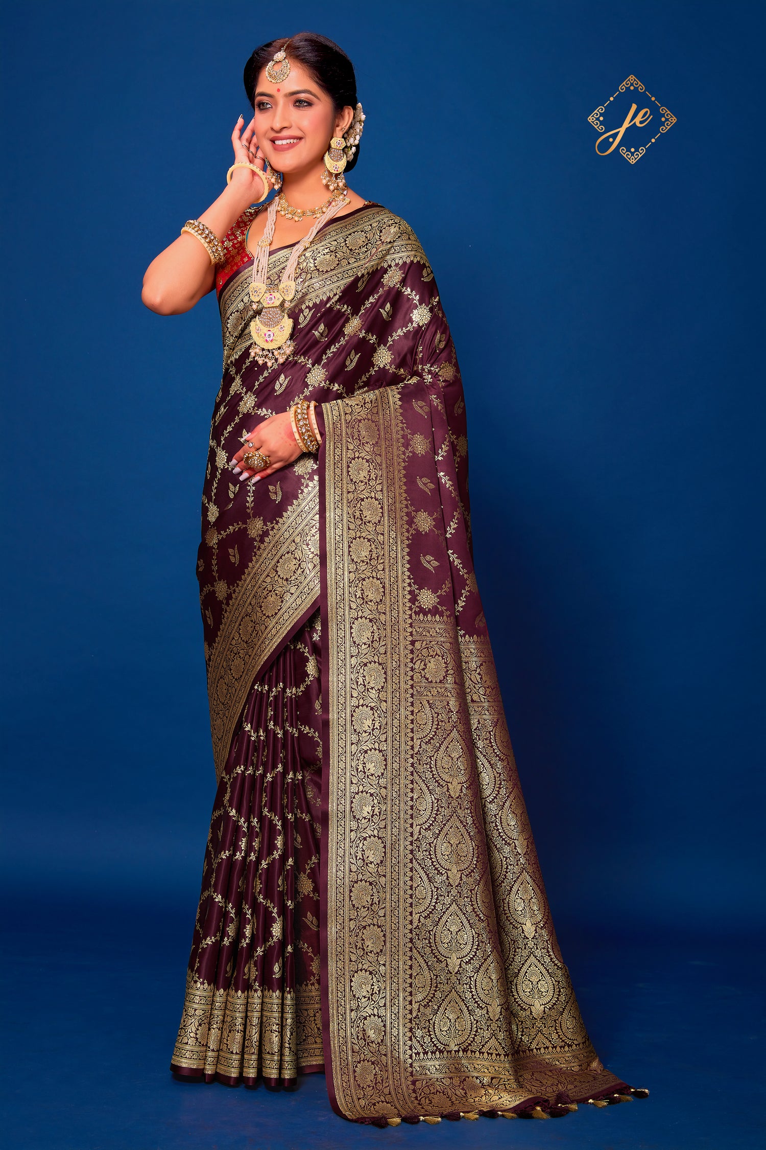 Garnet Wine Satin Silk Jaal Banarasi Saree