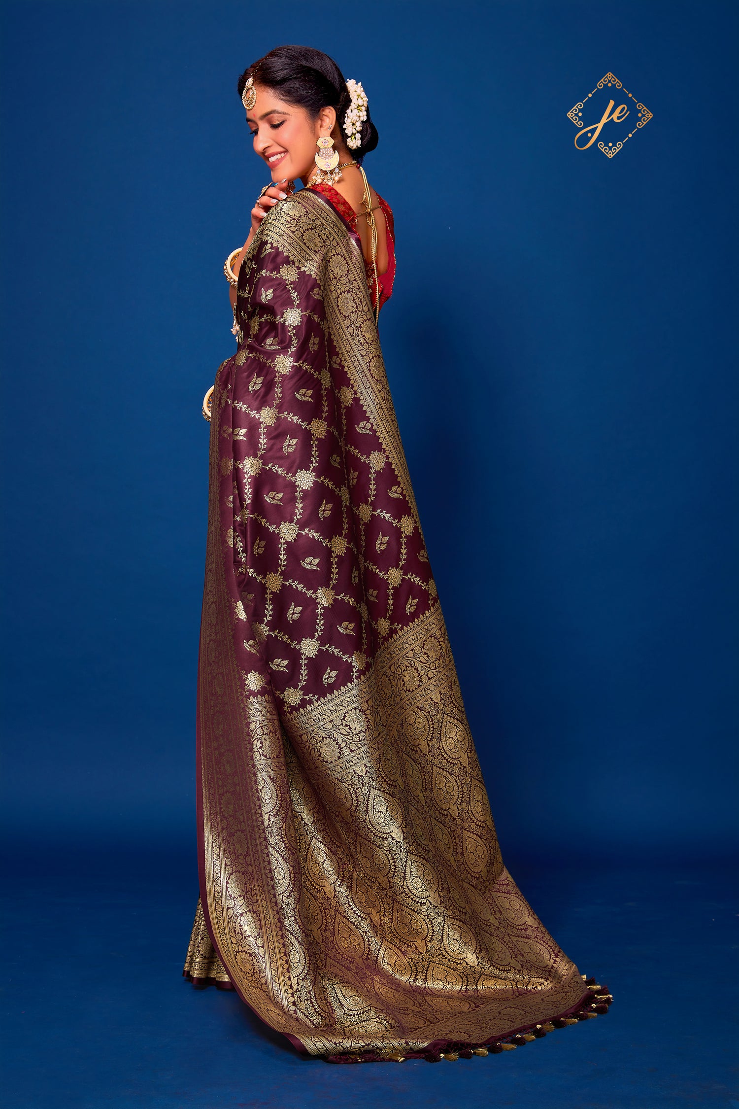 Garnet Wine Satin Silk Jaal Banarasi Saree